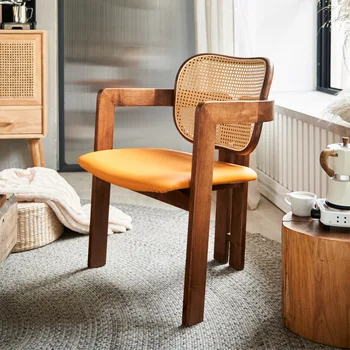 Обеденный стул из массива ротанга в скандинавском стиле, современный стул со спинкой, дизайнерский шезлонг, домашний обеденный стол, чай с кожаной обивкой