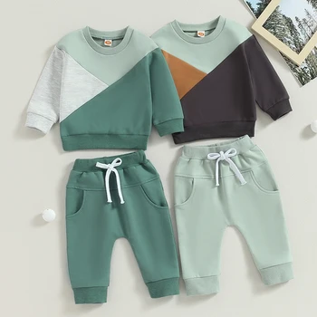 Детская одежда Свитшот контрастного цвета с круглым вырезом и длинными рукавами для мальчиков, спортивные штаны с эластичной резинкой на талии, комплект одежды для младенцев