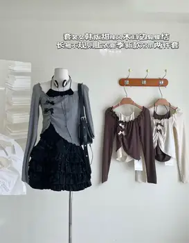 Серый комплект из двух предметов Little Eye Sweet Tea Girl, Тонкая Эластичная футболка с длинными рукавами и короткими бретельками, платье с бантом