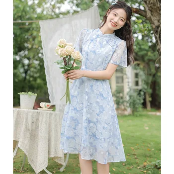 Улучшенные платья Ципао для женщин, летние национальные синие шифоновые цветочные фрагменты с воротником-стойкой, Традиционный китайский Чонсам