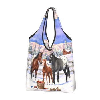 Изготовленные на заказ сумки для покупок с лошадьми Аппалуза зимой, женские портативные сумки для покупок с животными большой емкости