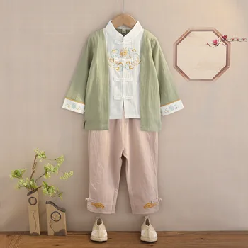 Весенне-осенний детский зеленый хлопчатобумажный льняной костюм для малышей в стиле Тан, одежда для мальчиков в китайском стиле, костюмы Hanfu