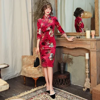 2021 Осень Зима Модное бархатное платье Чонсам с воротникомстойкой Китайские Традиционные платья Ципао