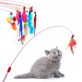 Cat Teaser Интерактивная Игрушка-Удочка с Колокольчиком и Пером Игрушки для Кошек Teaser Интерактивная Игрушка-Удочка Для Домашних Кошек Toys Stick