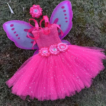 Розовое блестящее тюлевое платье-бабочка для маленьких девочек, сказочное платье-пачка, детская одежда, Детские костюмы на День рождения, Хэллоуин, Рождество