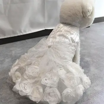 Платье для собак, Белое свадебное платье с бантом для домашних животных, Блестящие объемные цветы, без скатывания, Удобное модное украшение, полиэстер для Pu