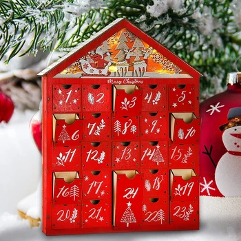 Рождественский красный деревянный Адвент-календарь в Снежной деревне, дом со светодиодной подсветкой, 24 ящика для хранения, Органайзер для конфет с обратным отсчетом Рождества, Праздничный