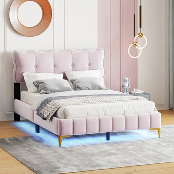 молодежная кровать 140 x 200 см, двуспальная кровать со светодиодной подсветкой, кровать из бархатной ткани розового цвета (матрас в комплект не входит)