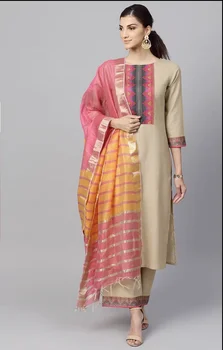 Традиционная индийская одежда с боковым чехлом из 3 частей, комплект из хлопчатобумажной смеси средней длины с круглым вырезом