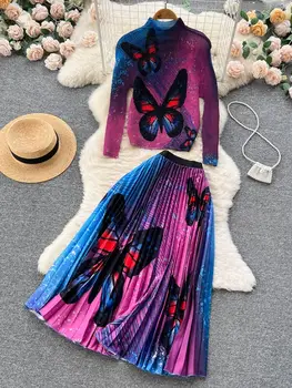 2023, Новый модный Жаккардовый комплект из двух предметов с бабочкой, Женский эластичный пуловер, Топ＋, Длинная плиссированная юбка на талии, костюм, наряды