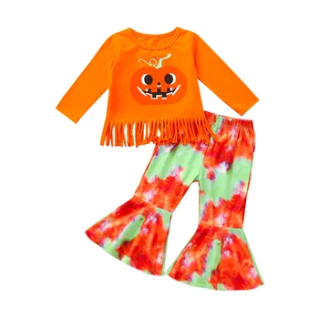 От 1 до 6 лет Для маленьких девочек, комплект одежды на Хэллоуин из 2 предметов, топ с длинным рукавом и принтом Тыквы, рубашка, брюки с галстуком-красителем