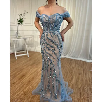 SERENE HILL Mermaid Роскошные синие вечерние платья 2024, расшитые бисером, с открытыми плечами, элегантные для женской вечеринки CLA71653