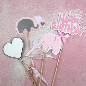 4 шт./компл. Милый Детский душ для мальчиков и девочек, сердечко слона, надпись с Днем рождения, Топперы для торта, украшения для торта для свадебной вечеринки