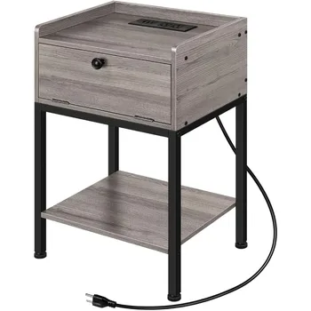 Деревянный приставной столик с зарядной станцией, прикроватный ящик для хранения, серая прикроватная тумбочка в спальне O