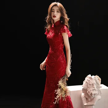 Бордовое Свадебное Ципао С Длинным Чонсамом Современное Китайское Традиционное Платье Сексуальное Платье Чонсам Халат Chinoise Vestido Oriental Prom