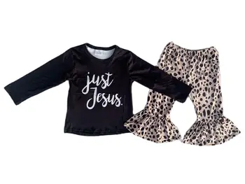 Бутик одежды для девочек Just Jesus, черный топ с длинными рукавами, расклешенные брюки с леопардовым принтом, комплекты