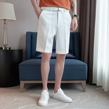 Новые модные мужские белые шорты-бермуды с подходящим поясом, летние прямые короткие брюки в корейском стиле длиной до колена