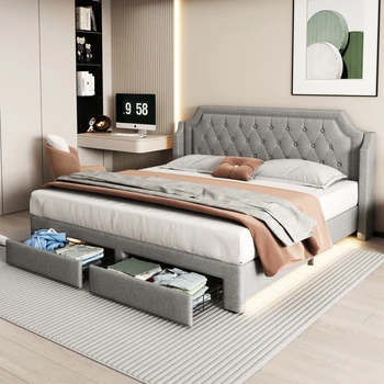 Кровать со светодиодной подушкой 180x200 см, Мягкая молодежная кровать для взрослых с решетчатым каркасом, изголовьем, 2 выдвижными ящиками и деревянной опорой, простая в установке, Серая