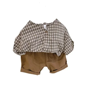 Корейский малыш для мальчиков и девочек 1-6 лет, Мягкий Тонкий Повседневный комплект с короткими рукавами + шорты, костюм из хлопка и льна в дышащую клетку, 2 шт.