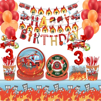 Набор одноразовой посуды в стиле пожарной машины, детская тарелка для вечеринки по случаю дня рождения, чашка, скатерть, принадлежности для декора вечеринки в честь дня рождения мальчика-пожарного