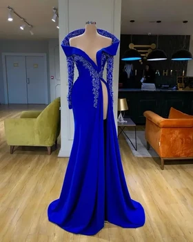 2023 Королевское вечернее платье BlueMermaid с длинными рукавами и разрезом по бокам, расшитое блестками и бисером, Сшитое на заказ Для официальных вечеринок