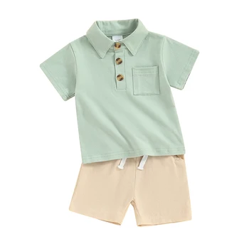 Летняя одежда для маленьких мальчиков Топы с короткими рукавами и лацканами на пуговицах и однотонные шорты Комплекты одежды из 2 предметов