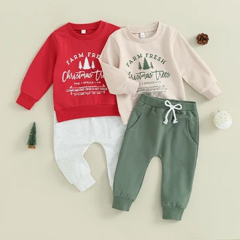 Комплекты детской одежды, Рождественская одежда для маленьких мальчиков, весенне-осенний спортивный костюм, толстовка с буквенным принтом, топы + брюки, комплекты из 2 предметов