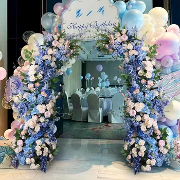 голубая арка в виде рога в форме Новолуния с цветочной дорожкой, Свадебный фон, Стол для бракосочетания, Цветочный бал, реквизит для вечеринки