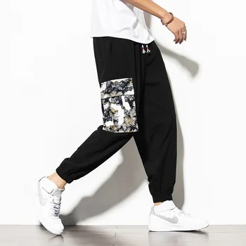 Брюки в стиле хиппи, мужские брюки-карго, уличная одежда из хлопка и льна в стиле ретро с большим карманом, уличная одежда, японские брюки KK2975