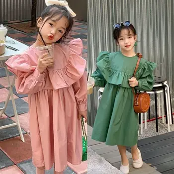 Весеннее платье для девочек, Корейское кружевное платье с рукавами-пузырями, стильное платье принцессы, милое повседневное платье с длинными рукавами для девочек, милое повседневное платье для девочек
