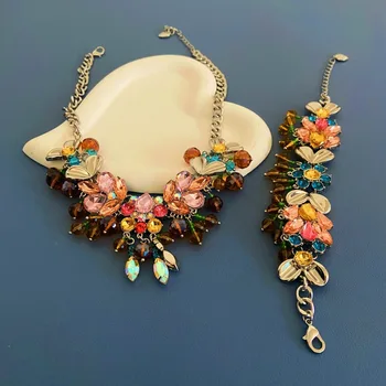 винтажная мода цветок кристалл драгоценный камень цвет придворный стиль стандартный набор драгоценных камней ожерелье браслет