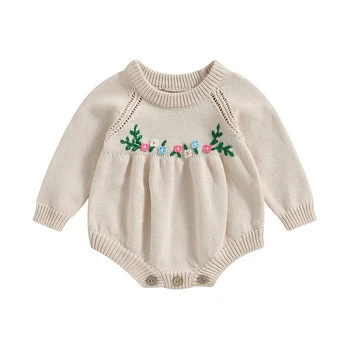 Осеннее трикотажное боди с цветочной вышивкой для маленьких девочек, комбинезоны с длинными рукавами, осенний свитер, одежда