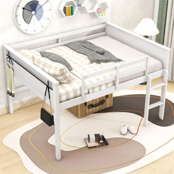 Полноразмерная кровать, Деревянная кровать-чердак с подвесными вешалками для одежды и перилами во всю длину, Прочная детская кровать, для спальни, Простая сборка