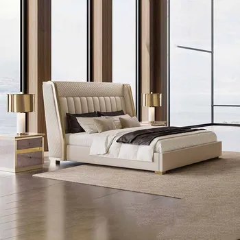 Скандинавская итальянская легкая роскошная минималистичная кожаная кровать, главная спальня, роскошная вилла высокого класса, модная современная минималистичная кровать