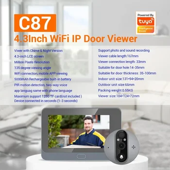 C87 1080P Smart digital door viewer WIFI Дверной Звонок с 4,3-дюймовым экраном, Поддержка приложения TUYA APP, Широкоугольный PIR с Перезвоном Ночного Видения