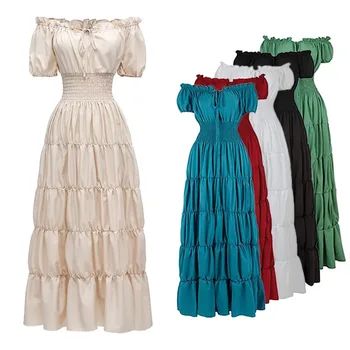Средневековое длинное платье эпохи Возрождения, костюм принцессы, женское платье с открытыми плечами, многоуровневое платье с гофрированной талией, собранное платье в пол