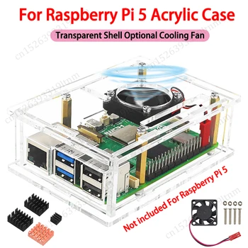 Новинка для Raspberry Pi 5 Акриловая оболочка Enlosure Прозрачный корпус Дополнительный вентилятор охлаждения Медно алюминиевый радиатор для Raspberry Pi 5