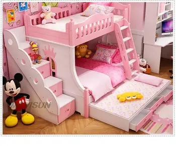 Современная мебель для дома в небольших квартирах В скандинавском стиле, детская двухслойная С выдвижными ящиками, Подходящая розовая двухъярусная кровать с горкой