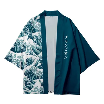 Кардиган Японского самурая с принтом в стиле пэчворк и волны, Хаори для женщин и мужчин, Кимоно Харадзюку, топы для косплея, блузка, Одежда Юката
