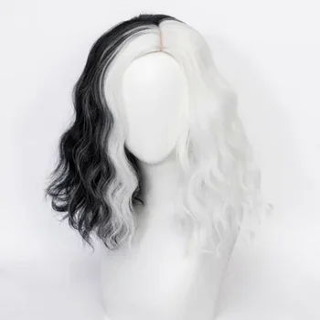 Круэлла де Виль, белый смешанный черный парик для волос Deville, Термостойкий костюм для косплея, парики, бесплатная шапочка для парика