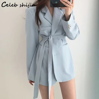 Шикарный женский пиджак-блейзер 2023, однобортная уличная одежда, синяя куртка, Женский деловой Корейский модный кардиган оверсайз