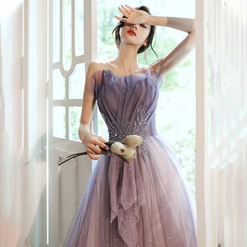 Сексуальное вечернее платье без бретелек Темпераментное вечернее платье со шлейфом Фиолетовое Тонкое банкетное платье знаменитости Платье Макси с блестками