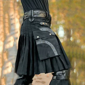 Модные мужские классические юбки трапециевидной формы с заплатками из искусственной кожи, повседневная плиссированная юбка с карманами в шотландском стиле в стиле ретро для малышей в помещении