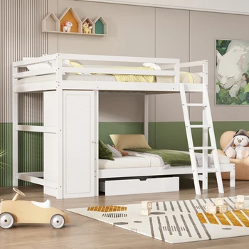 Двухъярусная кровать, деревянная кровать с лестницами и ограждениями, с занавеской, горкой и полкой, детская кровать с защитой от падения