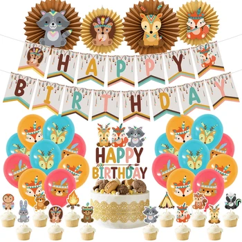 Баннер с изображением индийских диких лесных животных, день рождения, лиса, енот, латексные шары на день рождения, детский душ, пол, праздничные украшения