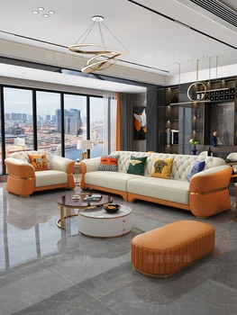 Легкий роскошный кожаный диван первого слоя из воловьей кожи для гостиной 2023 года, новая элитная мебель для виллы с прямым рядом
