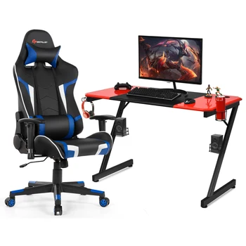 Набор игровых столов и стульев Costway Z-образный стол в гоночном стиле с массажным вращающимся игровым креслом