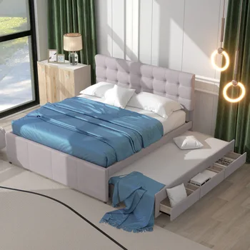 Мягкая / двуспальная / семейная кровать с тремя выдвижными ящиками, с возможностью расширения, регулируемое изголовье, бежевый /серый, 140x200 см