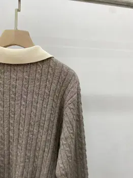 Цветной свитер в стиле пэчворк, женский вязаный пуловер с закрученным отложным воротником и пуговицами спереди, вязаный пуловер с длинным рукавом для женщин 2023, Осень-зима