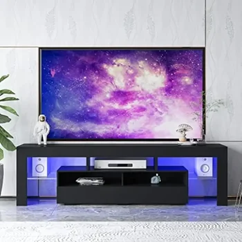 Развлекательный центр со светодиодной подставкой для телевизора с диагональю 75 Дюймов, Современный Глянцевый Мультимедийный Мебельный шкаф с 2 Выдвижными ящиками и 2 Открытыми Полками